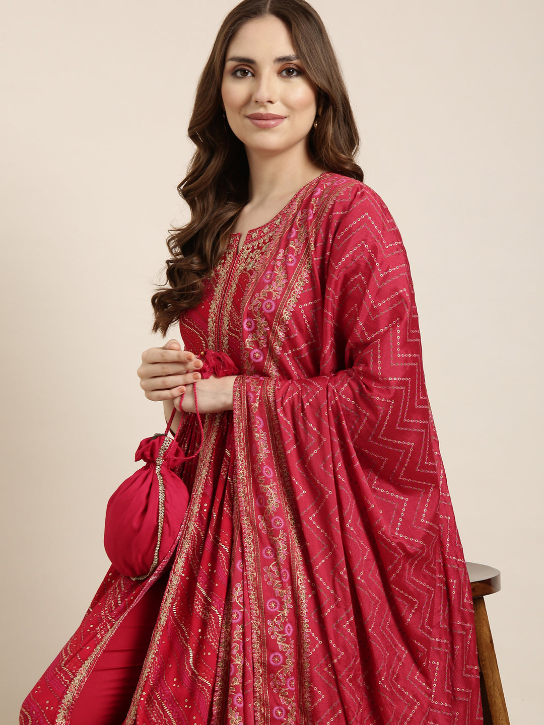 Women Anarkali Pink Geometric Kurta and Trousers Set Comes With Dupatta and Potli Bag and Waist Belt