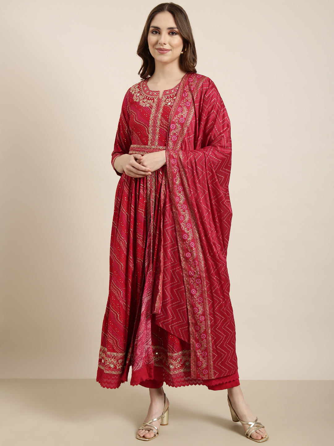 Women Anarkali Pink Geometric Kurta and Trousers Set Comes With Dupatta and Potli Bag and Waist Belt