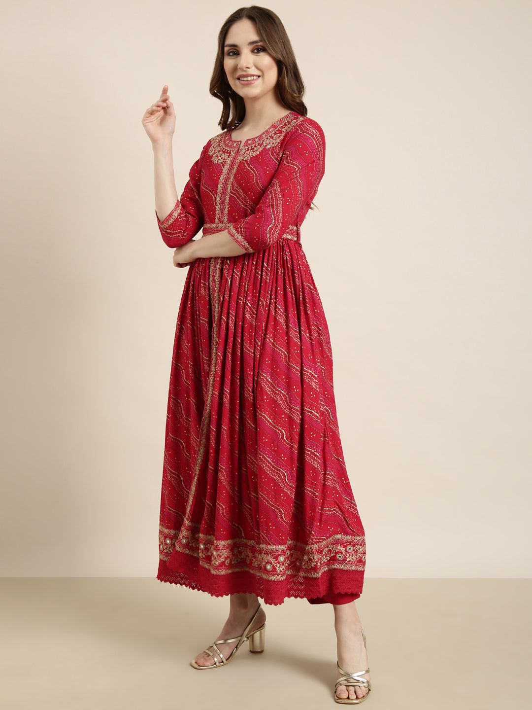 Women Anarkali Pink Geometric Kurta and Trousers Set Comes With Dupatta and Potli Bag and Waist Belt