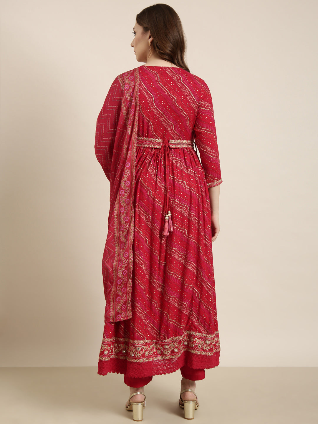 Women Anarkali Pink Geometric Kurta and Trousers Set Comes With Dupatta and Potli Bag and Waist Belt