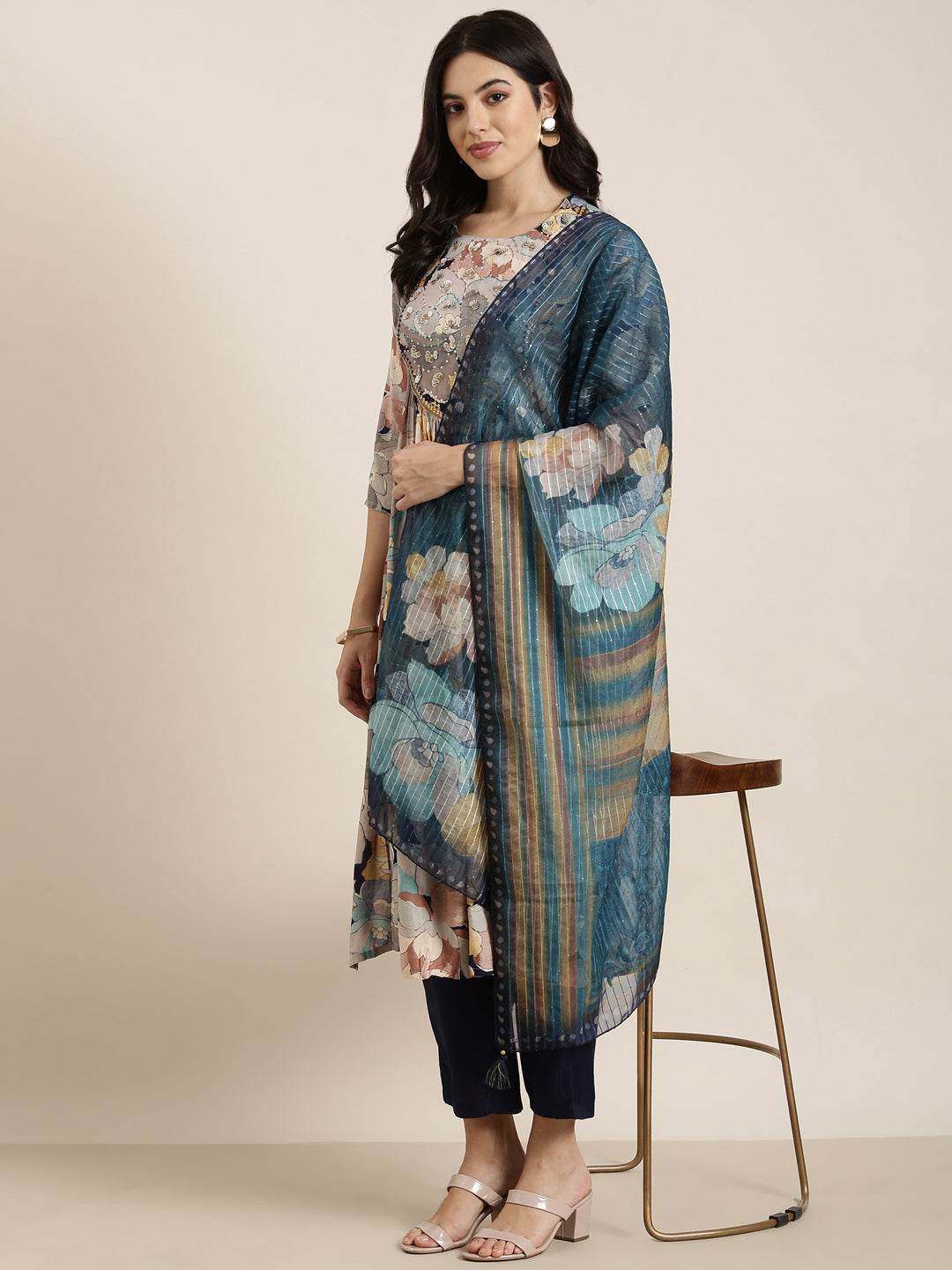 Women Straight Multi Floral Kurta and Trousers Set Comes With Dupatta