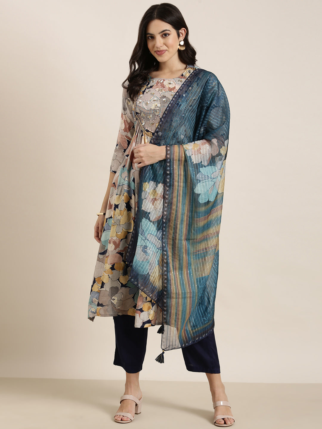 Women Straight Multi Floral Kurta and Trousers Set Comes With Dupatta