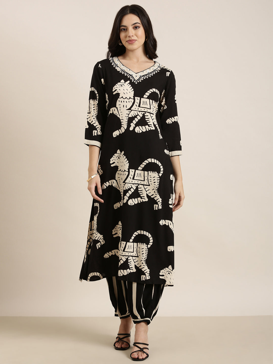 Women's Straight Black Ethnic Motifs Kurta and Patiala Set