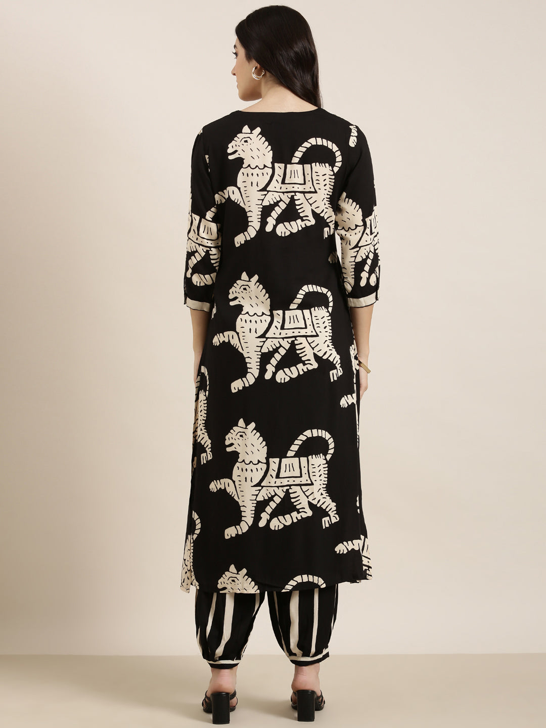 Women's Straight Black Ethnic Motifs Kurta and Patiala Set