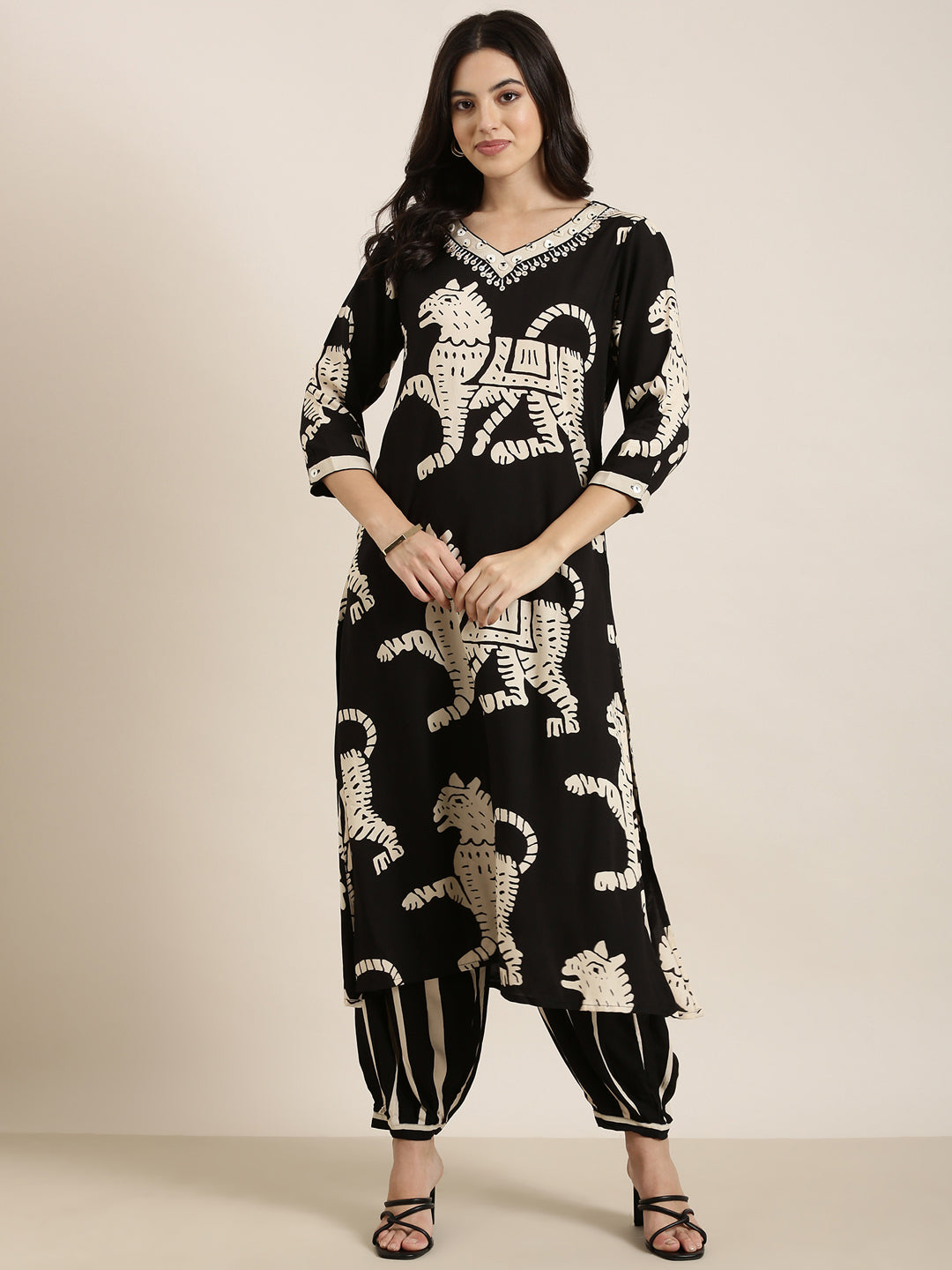 Women's Straight Black Ethnic Motifs Kurta and Patiala Set
