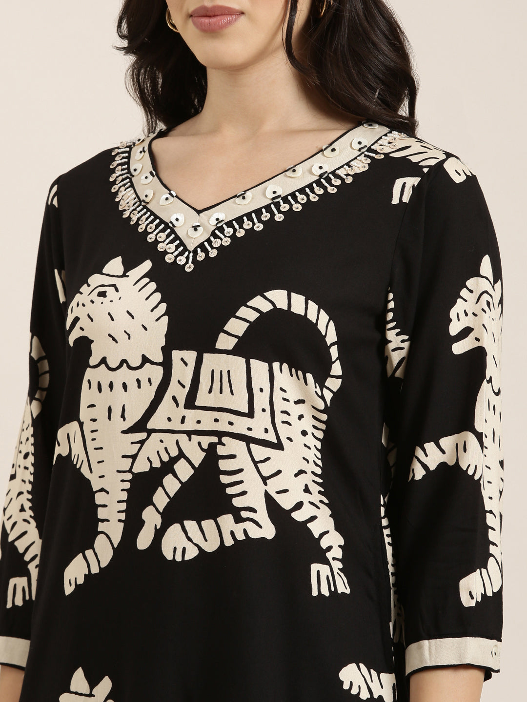 Women's Straight Black Ethnic Motifs Kurta and Patiala Set