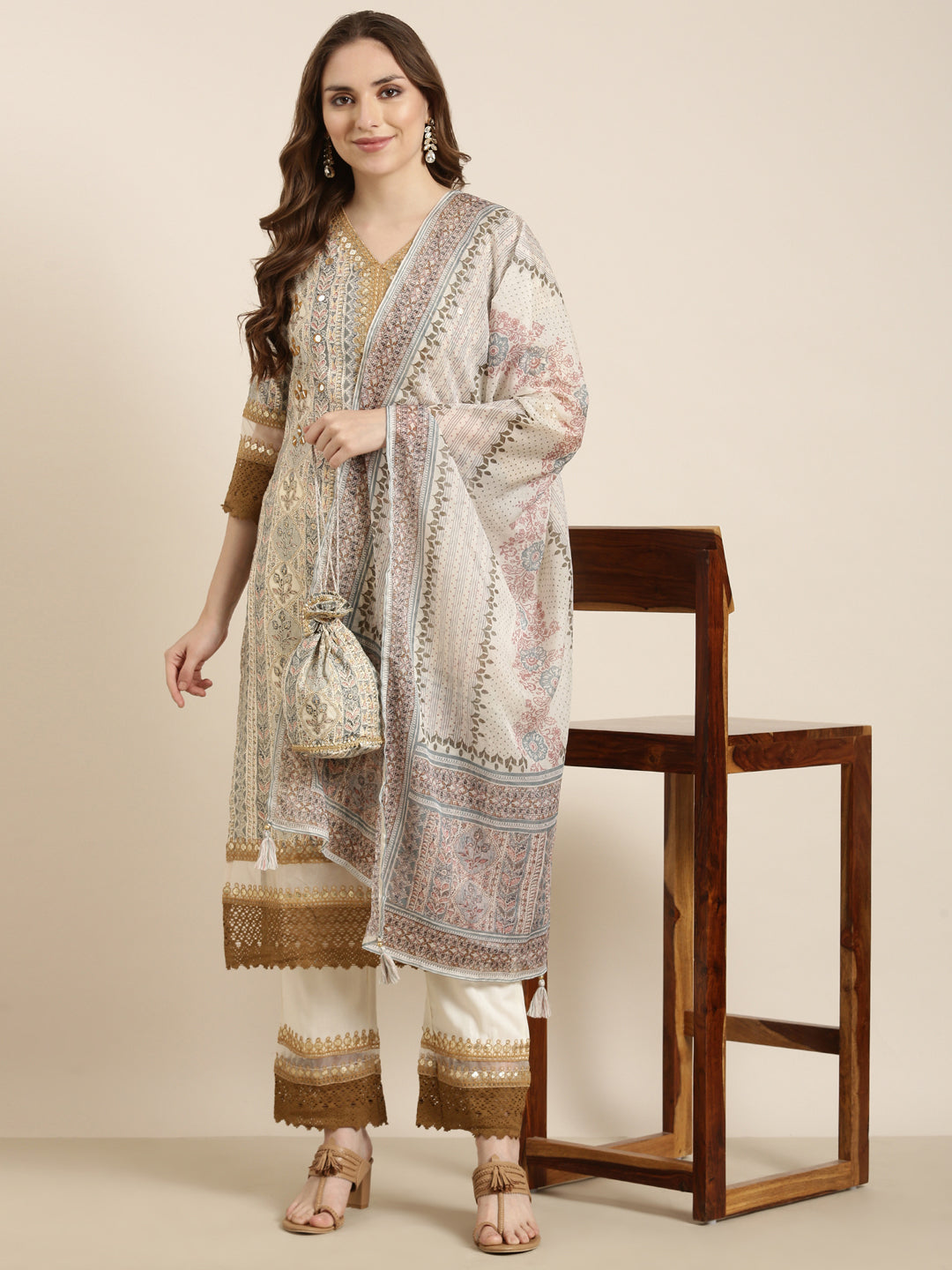 Women's Straight Beige Floral Kurta Sets with Trousers & Dupatta