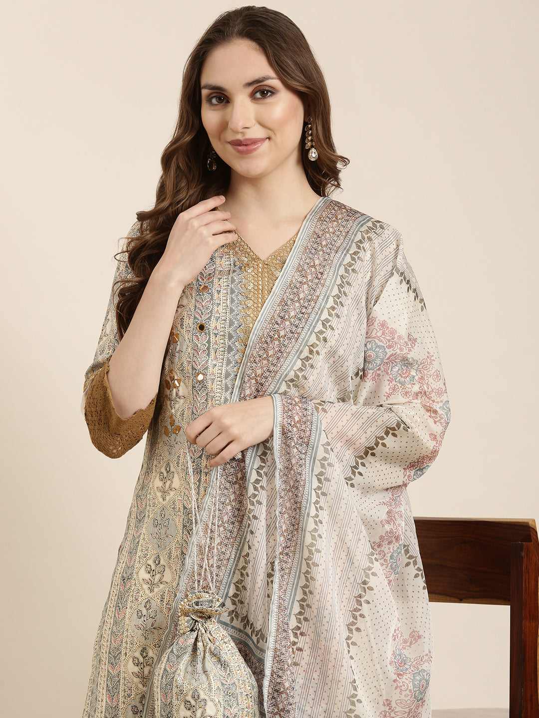 Women's Straight Beige Floral Kurta Sets with Trousers & Dupatta