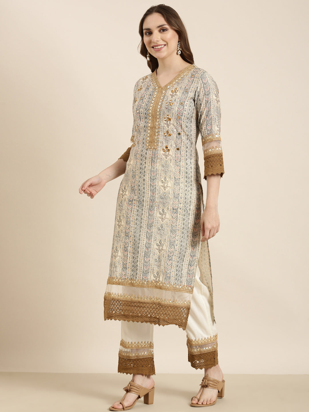 Women's Straight Beige Floral Kurta Sets with Trousers & Dupatta