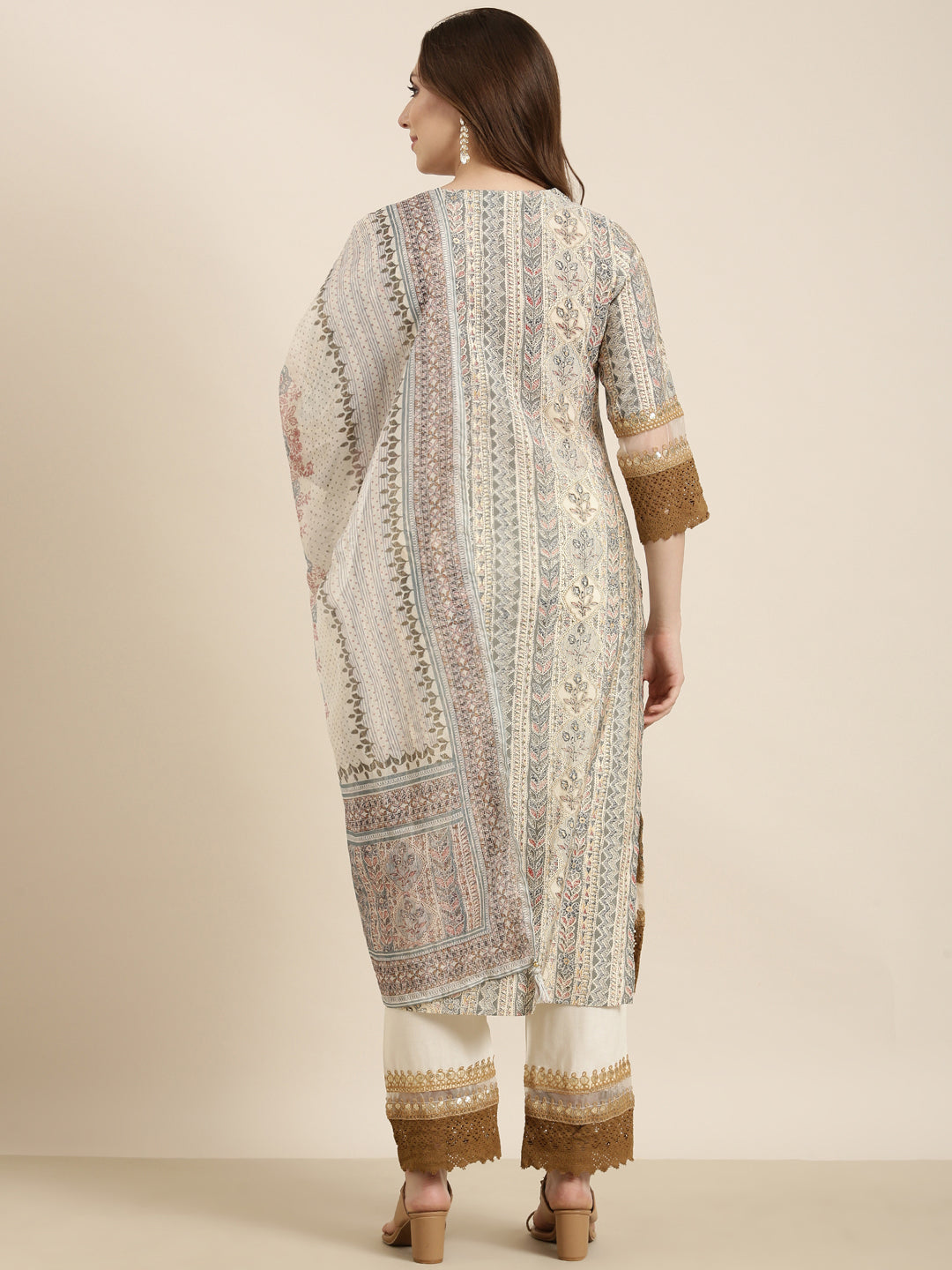 Women's Straight Beige Floral Kurta Sets with Trousers & Dupatta