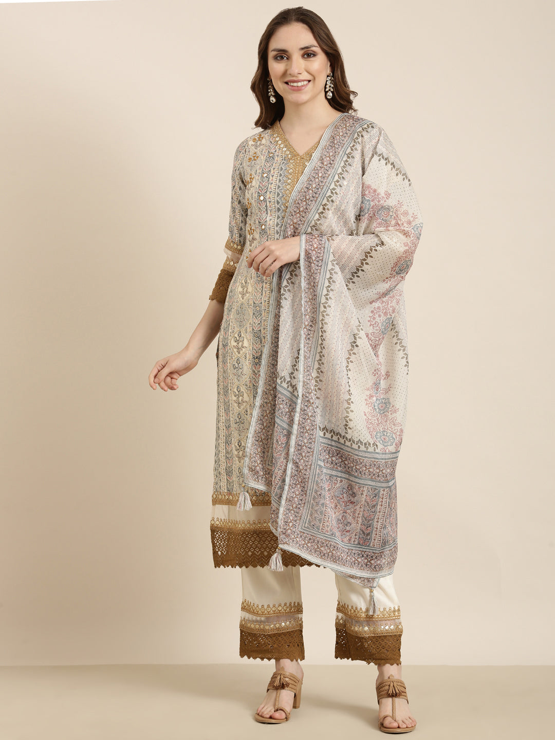 Women's Straight Beige Floral Kurta Sets with Trousers & Dupatta
