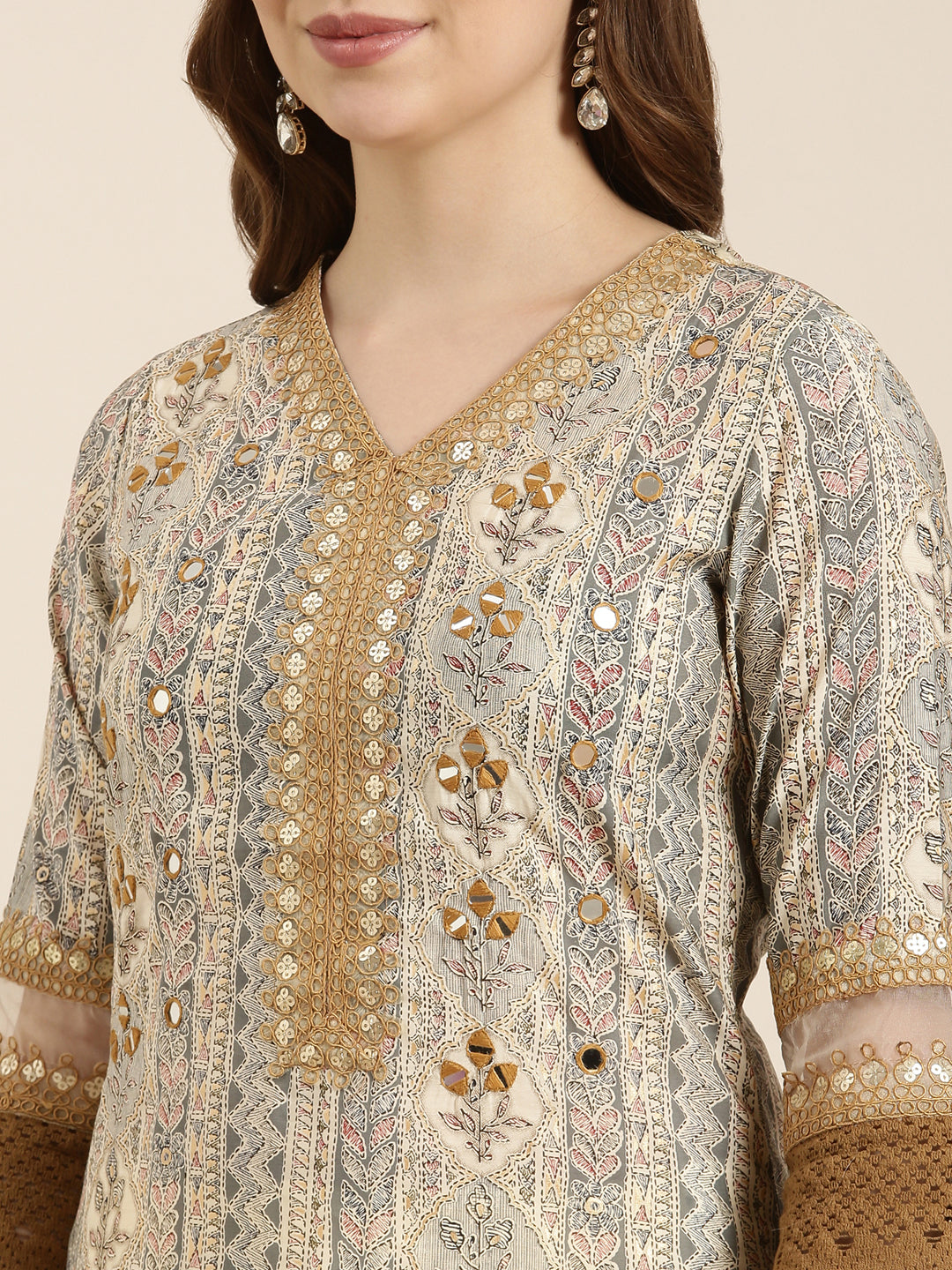 Women's Straight Beige Floral Kurta Sets with Trousers & Dupatta