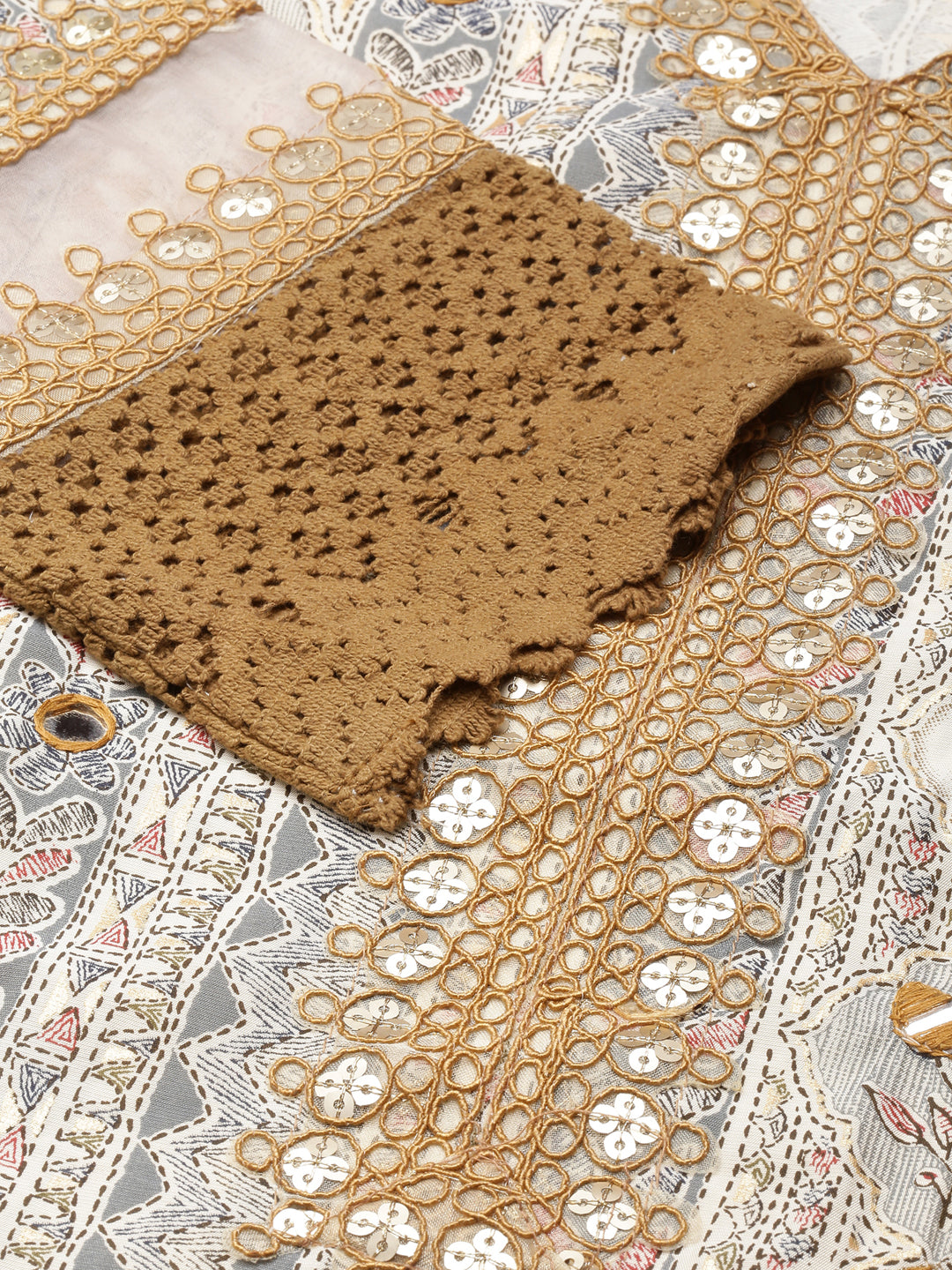 Women's Straight Beige Floral Kurta Sets with Trousers & Dupatta