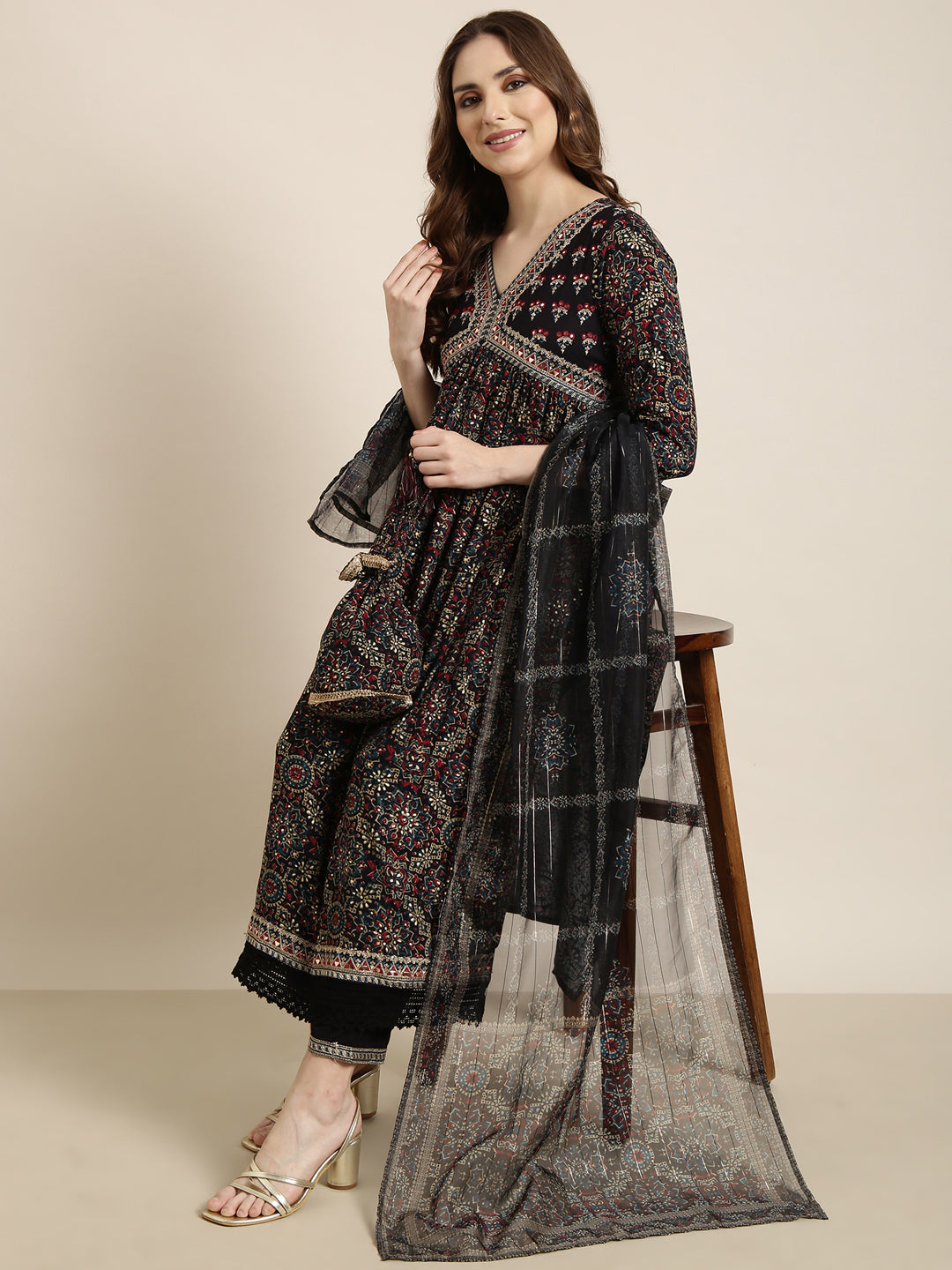 Women A-Line Navy Blue Ethnic Motifs Kurta and Trousers Set Comes With Dupatta