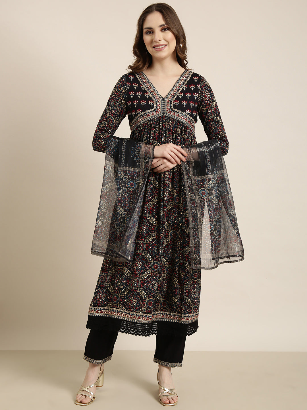 Women A-Line Navy Blue Ethnic Motifs Kurta and Trousers Set Comes With Dupatta