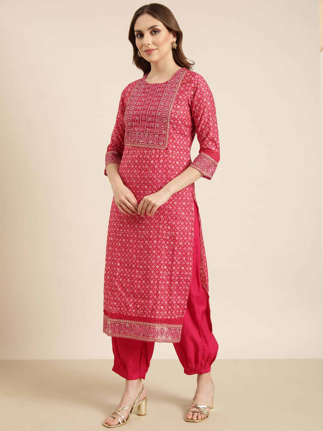 Women Straight Pink Geometric Kurta and Patiala Set Comes With Dupatta and Potli Bag