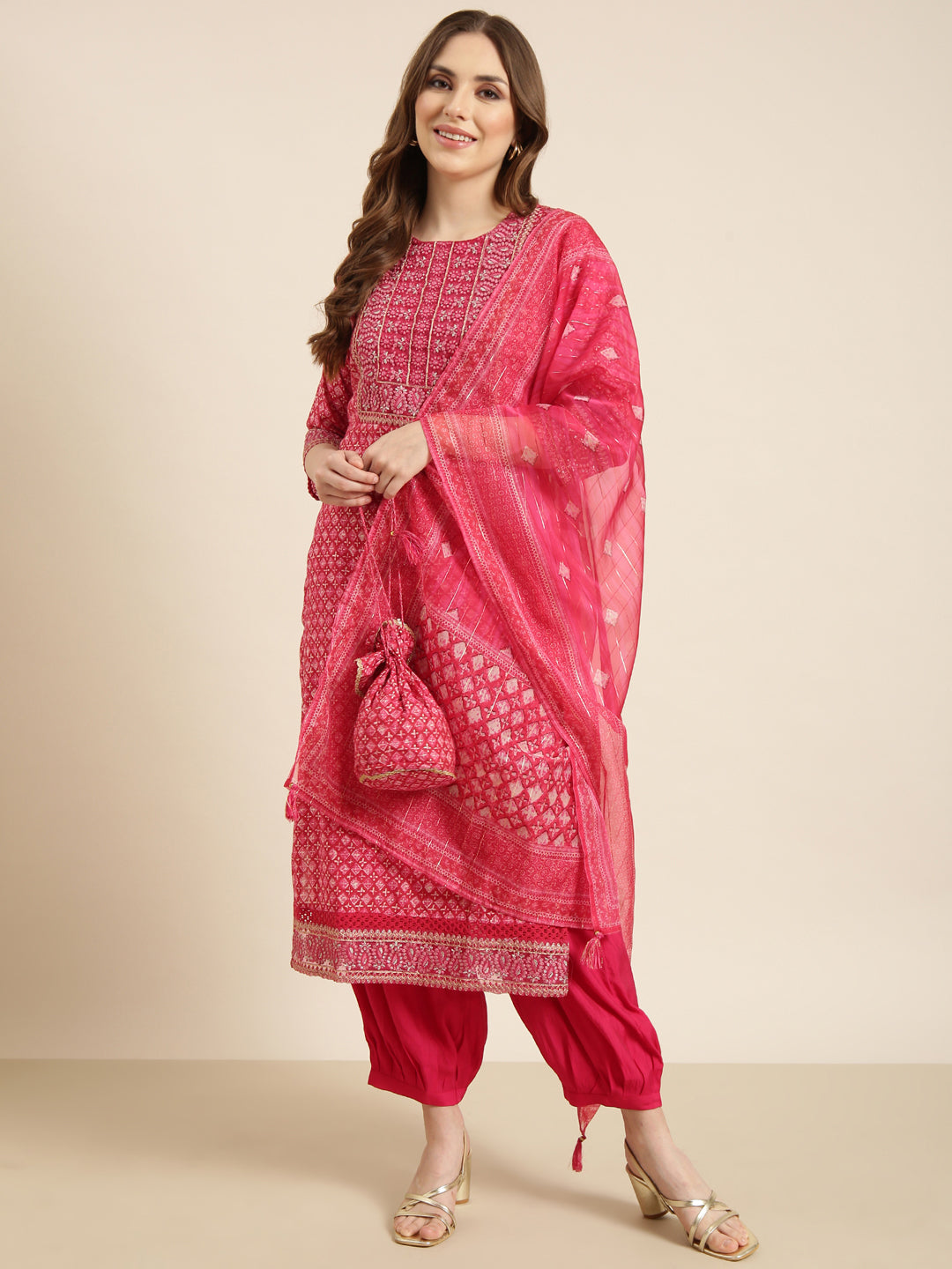 Women Straight Pink Geometric Kurta and Patiala Set Comes With Dupatta and Potli Bag