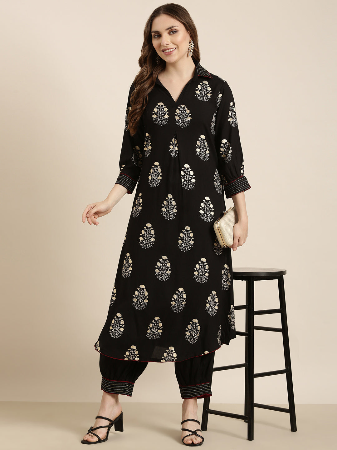 Women Straight Black Floral Kurta and Patiala Set