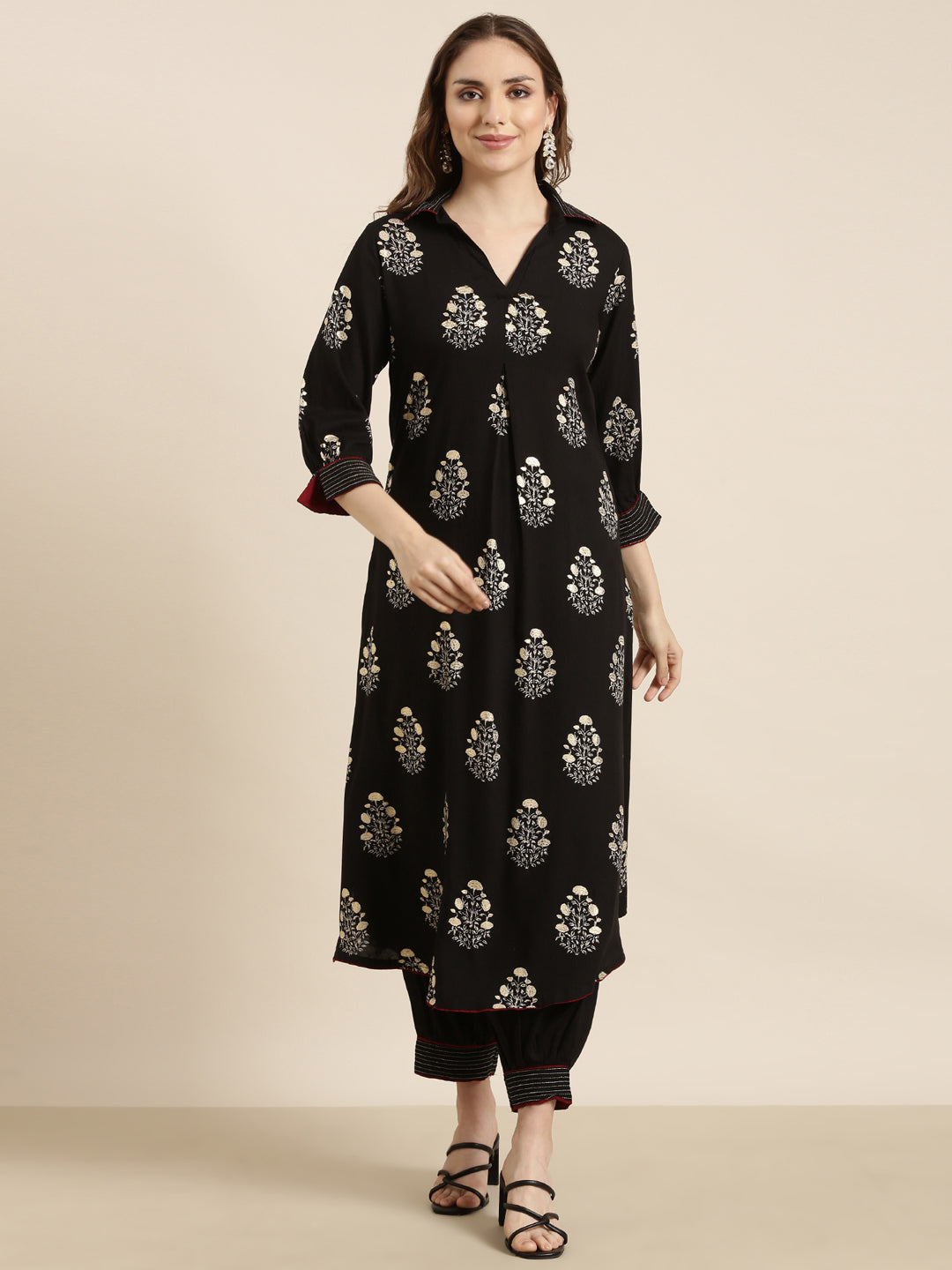 Women Straight Black Floral Kurta and Patiala Set