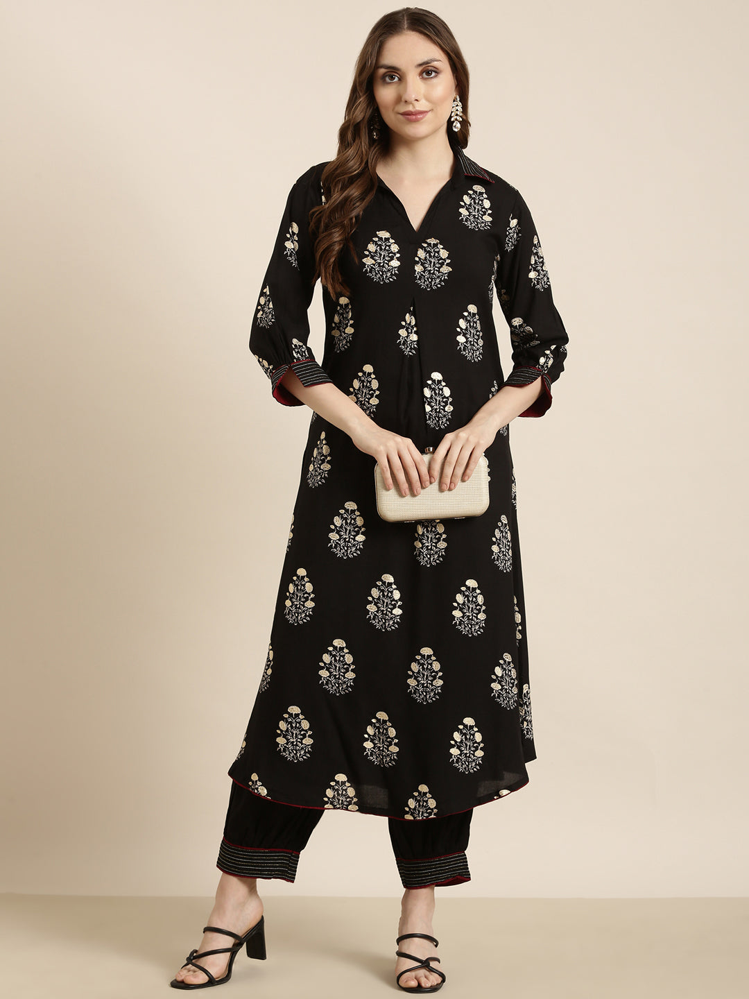 Women Straight Black Floral Kurta and Patiala Set