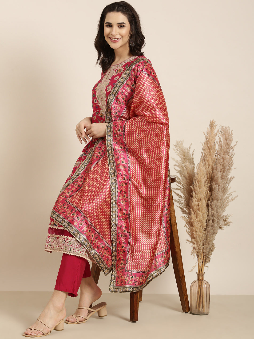 Women Straight Pink Floral Kurta and Trousers Set Comes With Dupatta