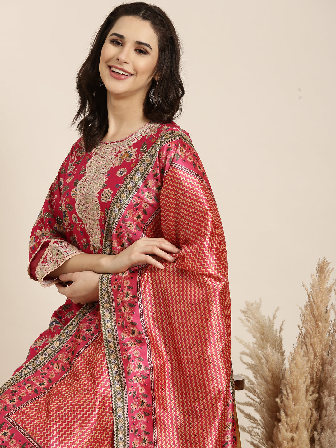 Women Straight Pink Floral Kurta and Trousers Set Comes With Dupatta