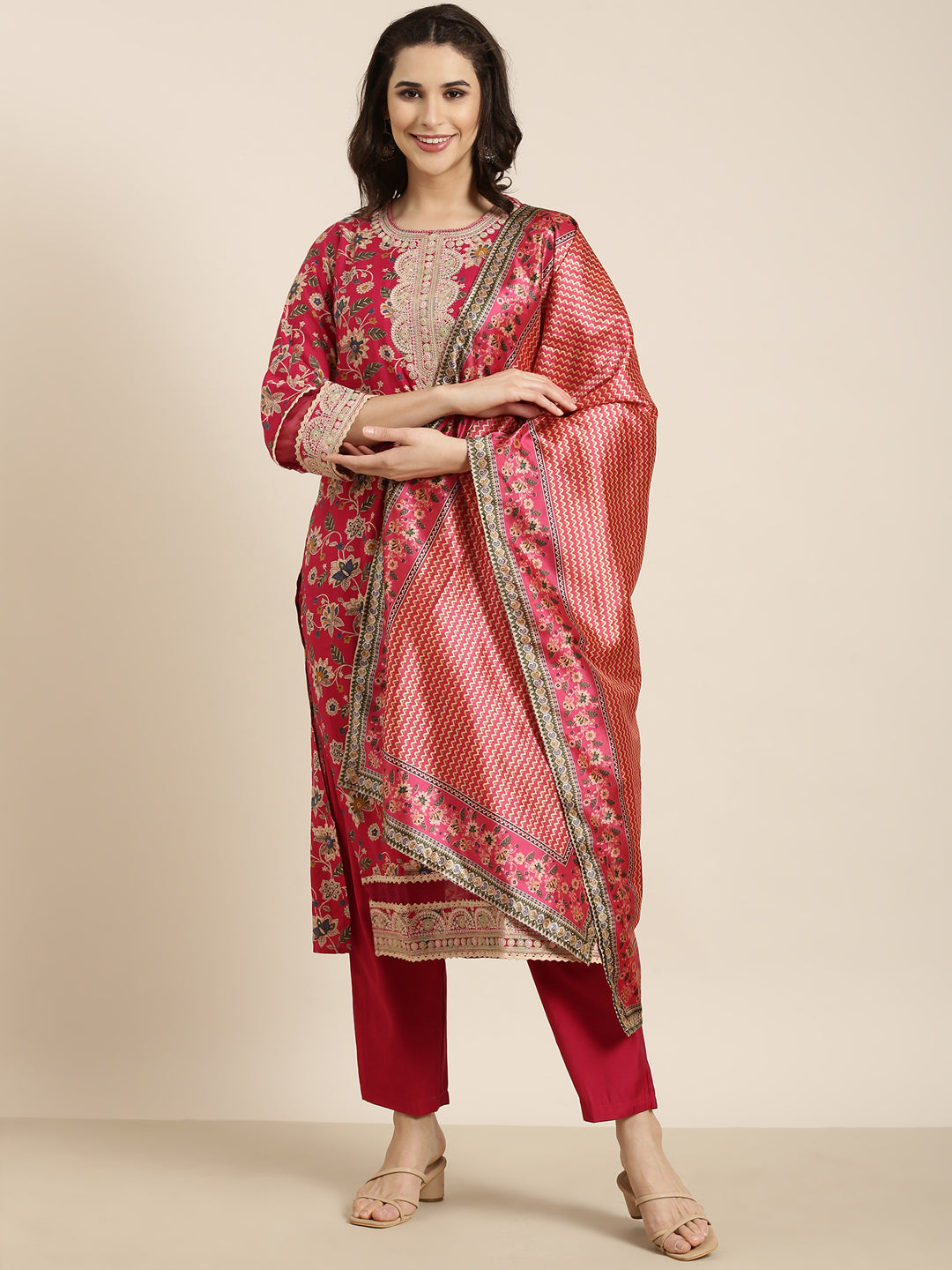 Women Straight Pink Floral Kurta and Trousers Set Comes With Dupatta