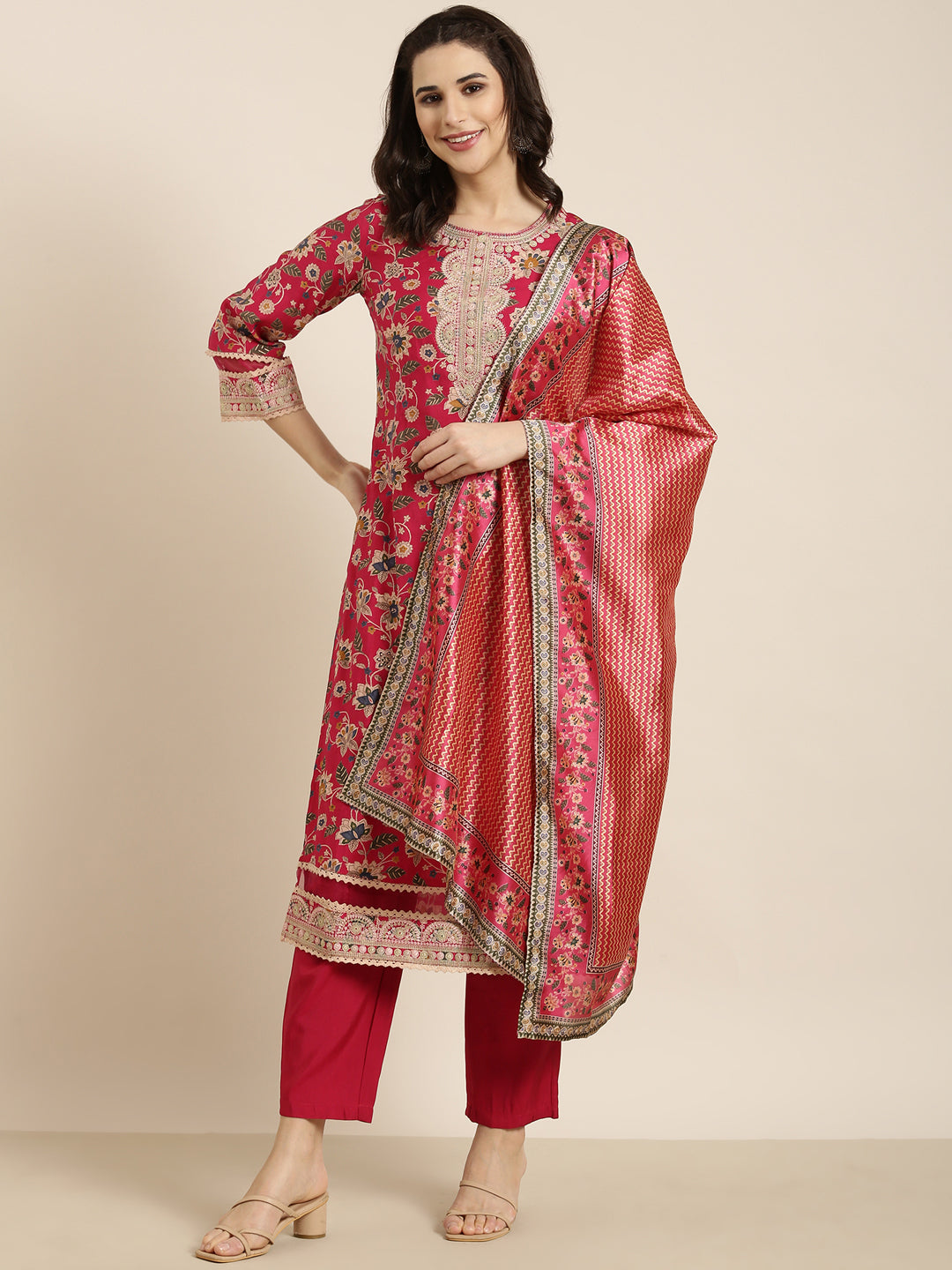 Women Straight Pink Floral Kurta and Trousers Set Comes With Dupatta