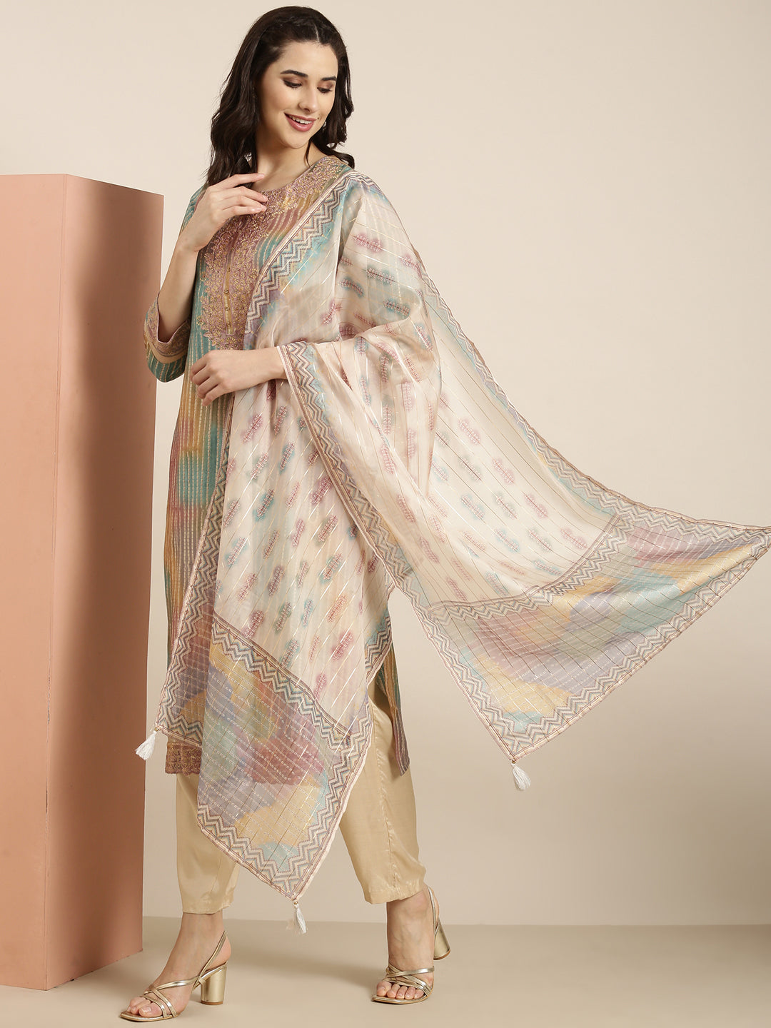 Women Straight Multi Striped Kurta and Trousers Set Comes With Dupatta