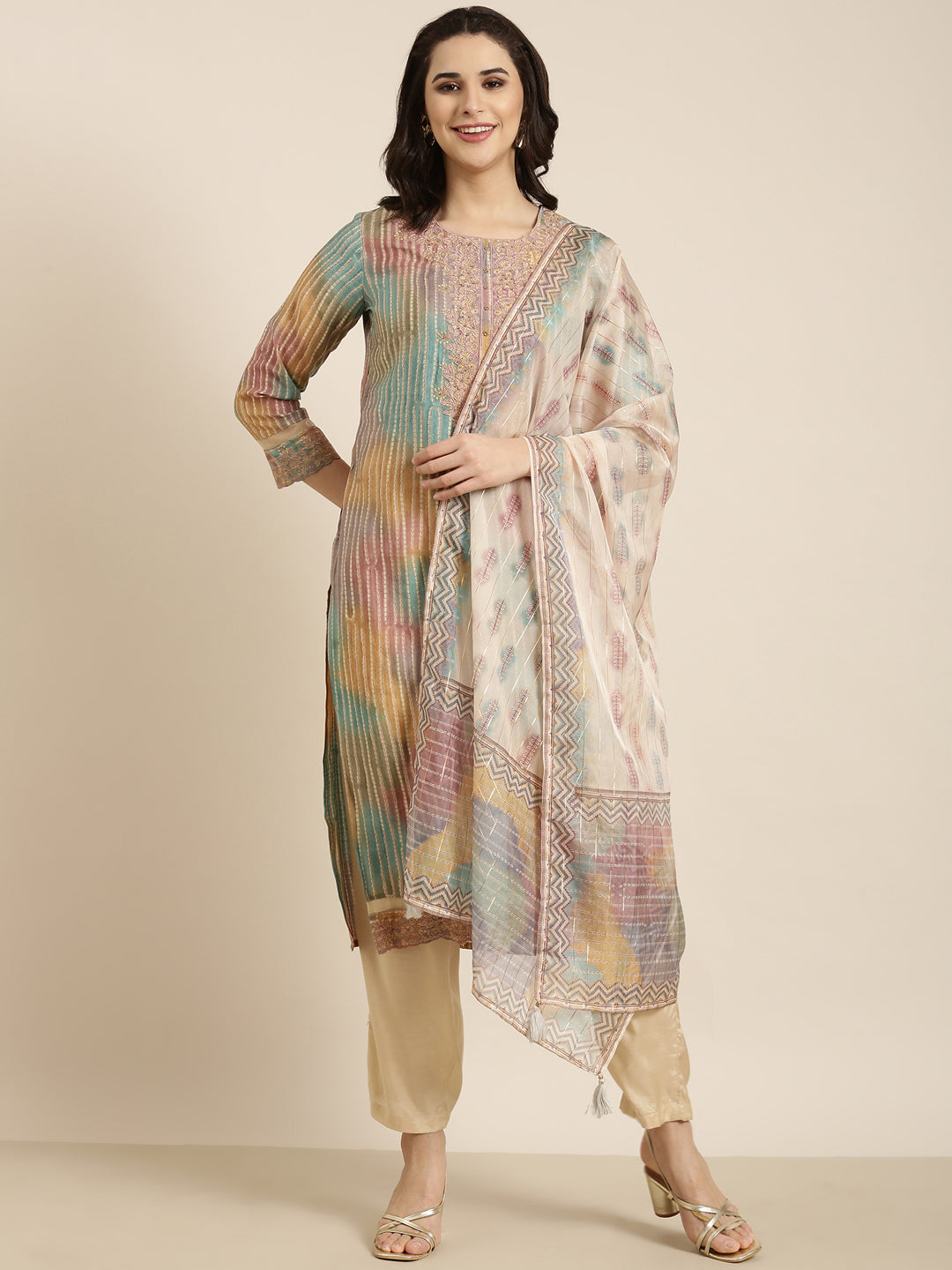 Women Straight Multi Striped Kurta and Trousers Set Comes With Dupatta