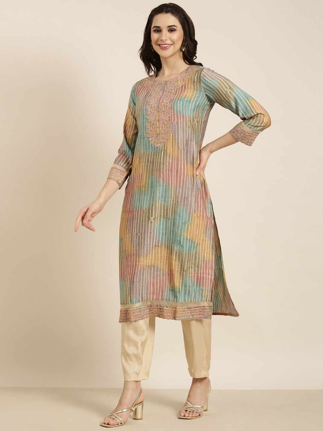 Women Straight Multi Striped Kurta and Trousers Set Comes With Dupatta