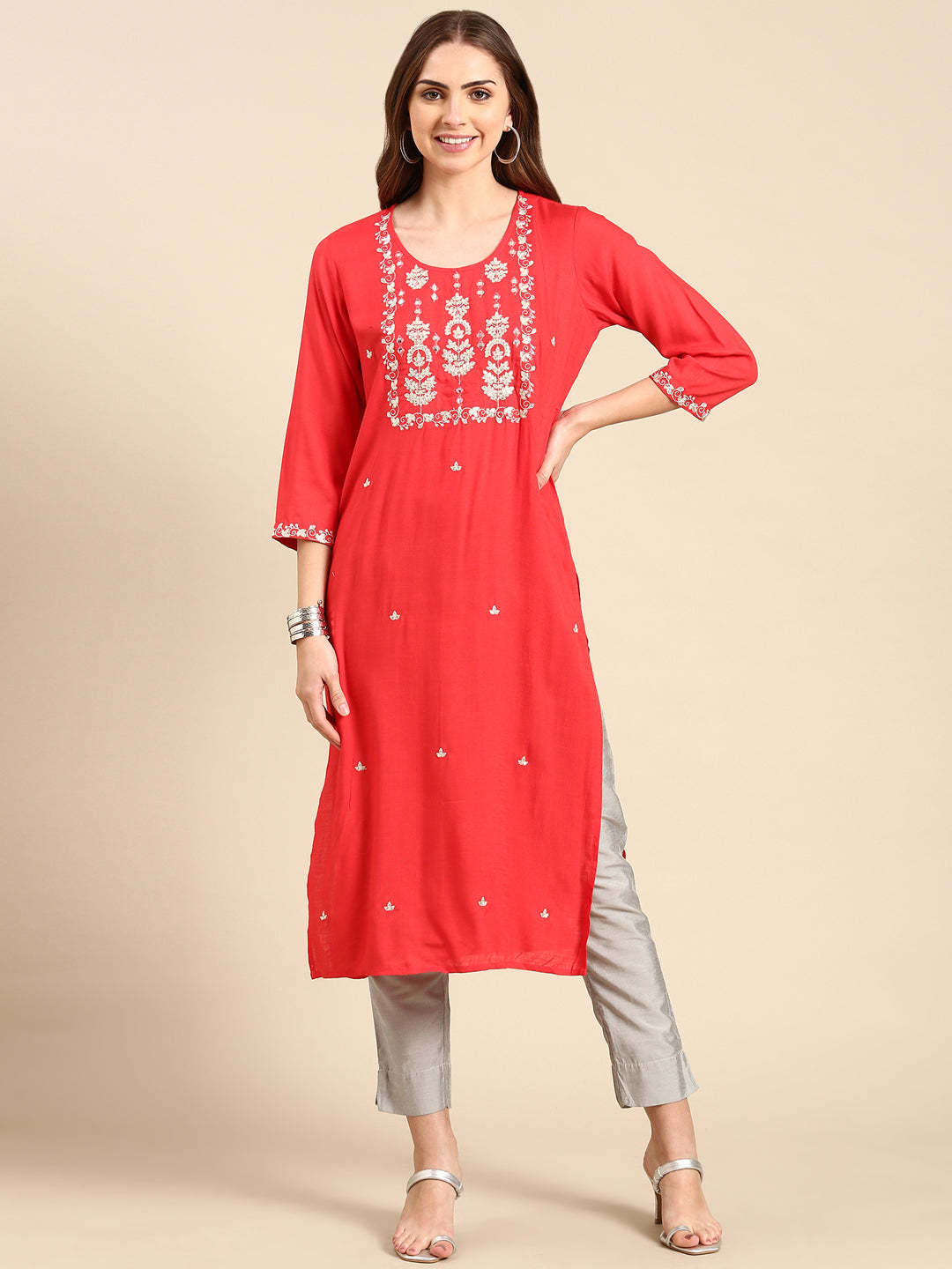 Women's Coral Embroidered Straight Cotton Straight Kurta