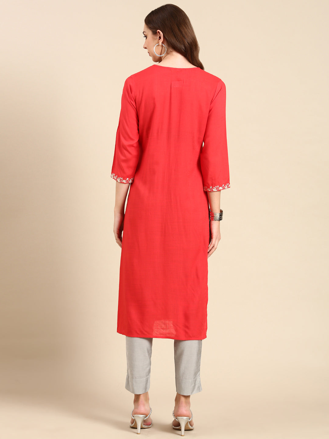 Women's Coral Embroidered Straight Cotton Straight Kurta
