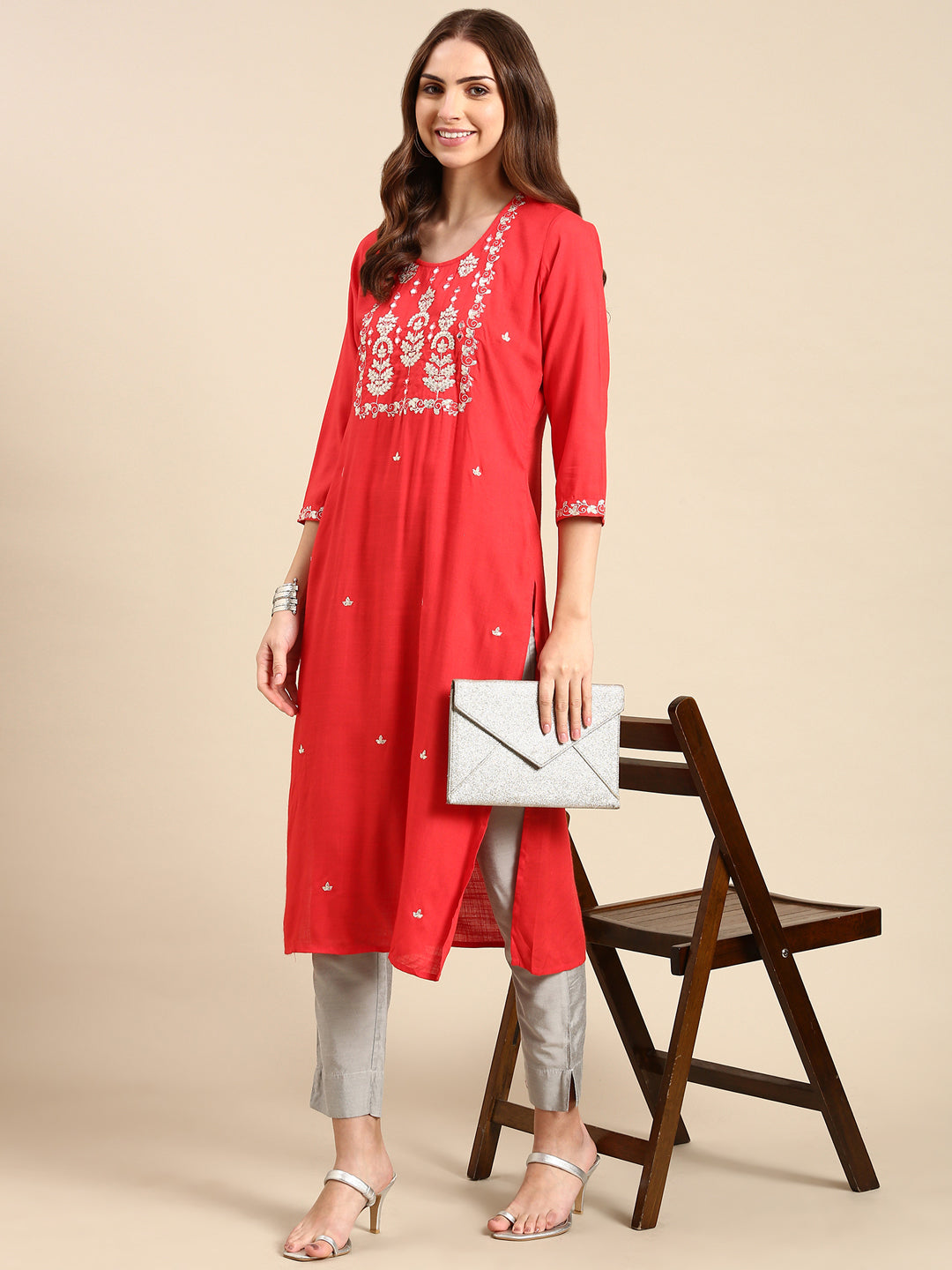 Women's Coral Embroidered Straight Cotton Straight Kurta