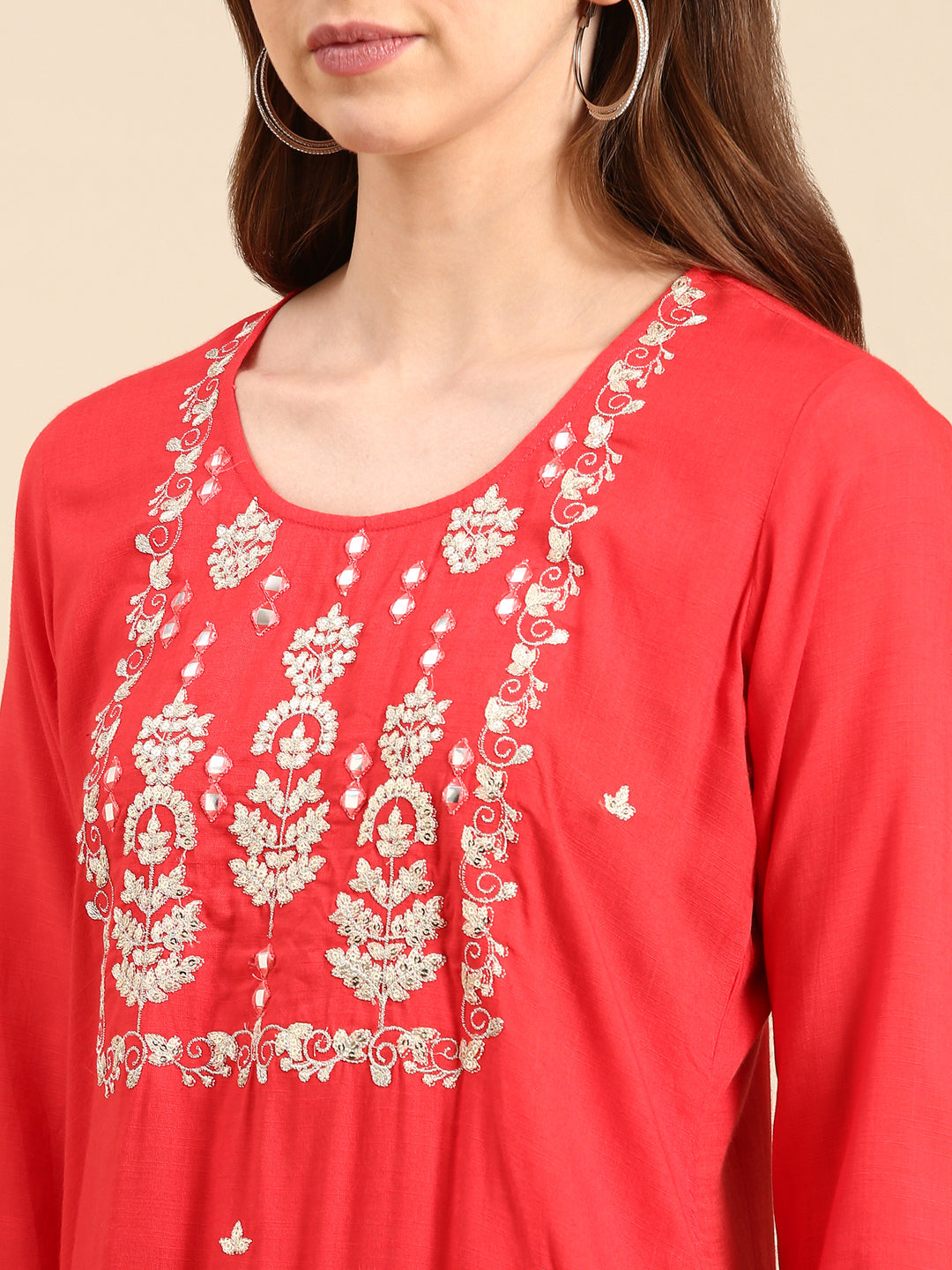 Women's Coral Embroidered Straight Cotton Straight Kurta