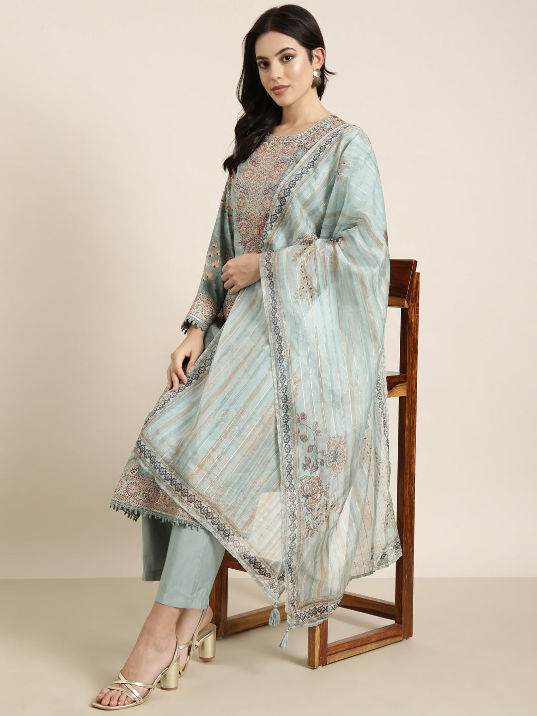 Women Straight Sea Green Solid Kurta and Trousers Set Comes With Dupatta