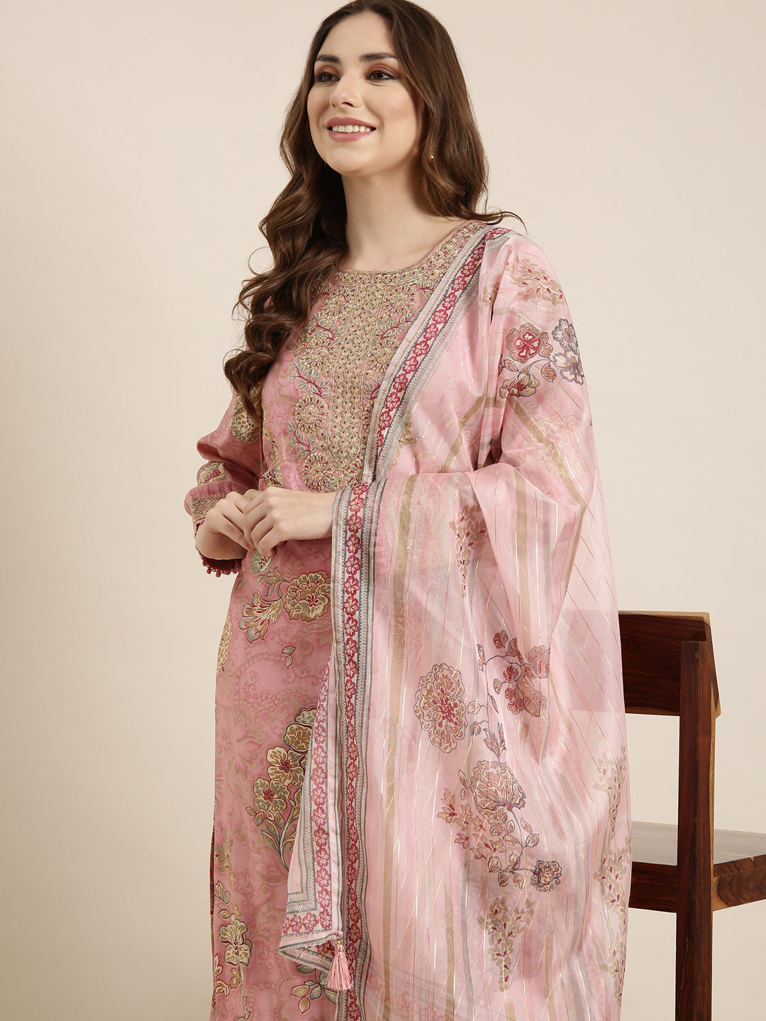 Women Straight Pink Floral Kurta and Trousers Set Comes With Dupatta