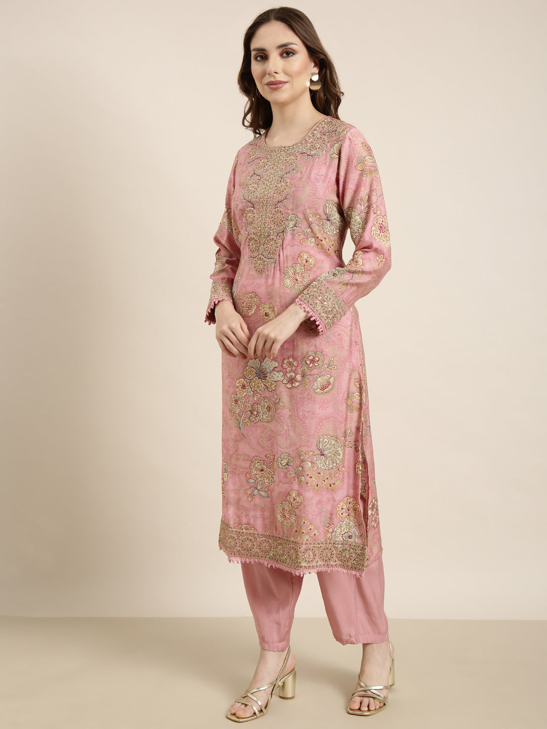 Women Straight Pink Floral Kurta and Trousers Set Comes With Dupatta