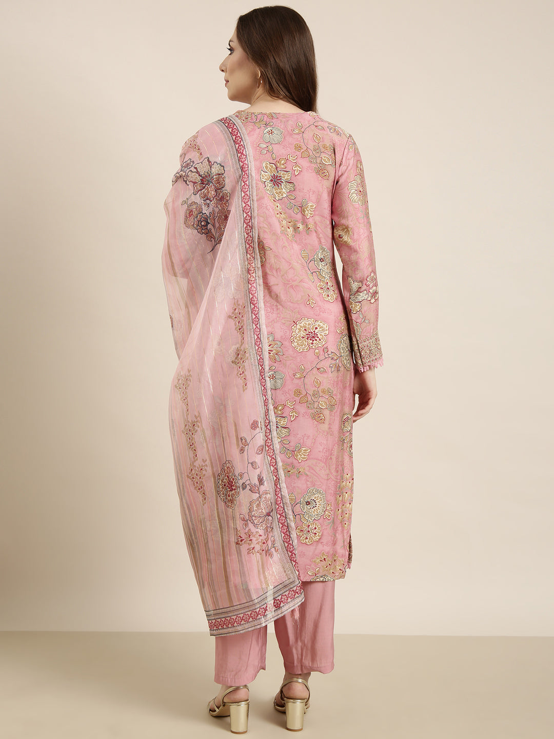 Women Straight Pink Floral Kurta and Trousers Set Comes With Dupatta