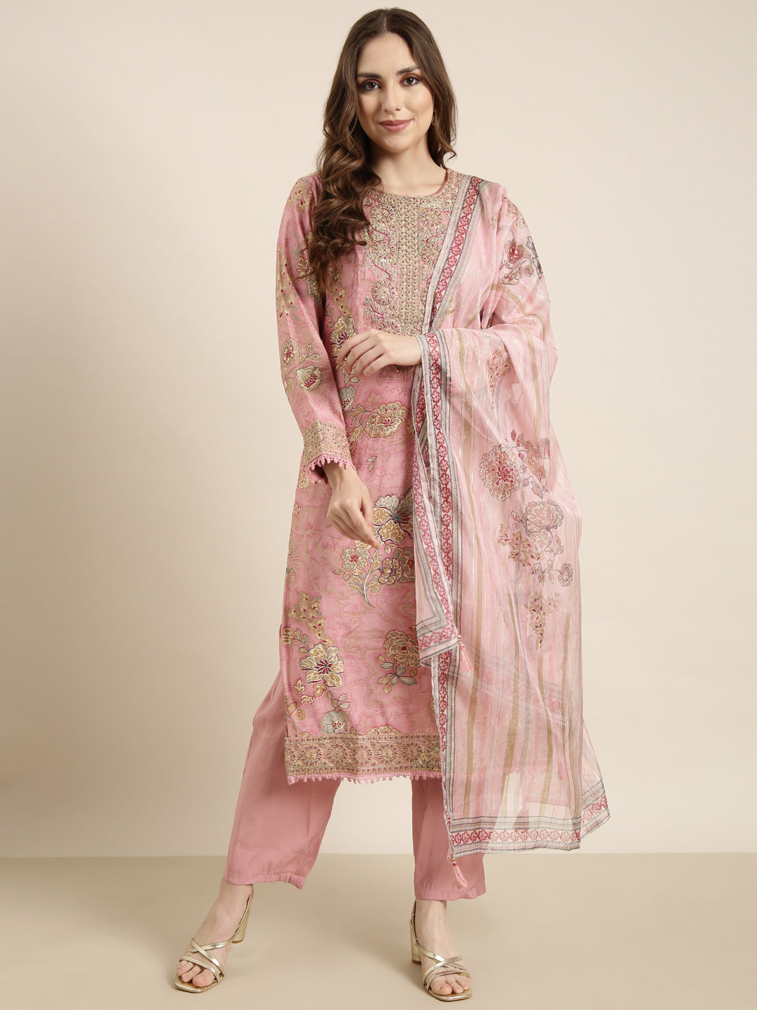 Women Straight Pink Floral Kurta and Trousers Set Comes With Dupatta