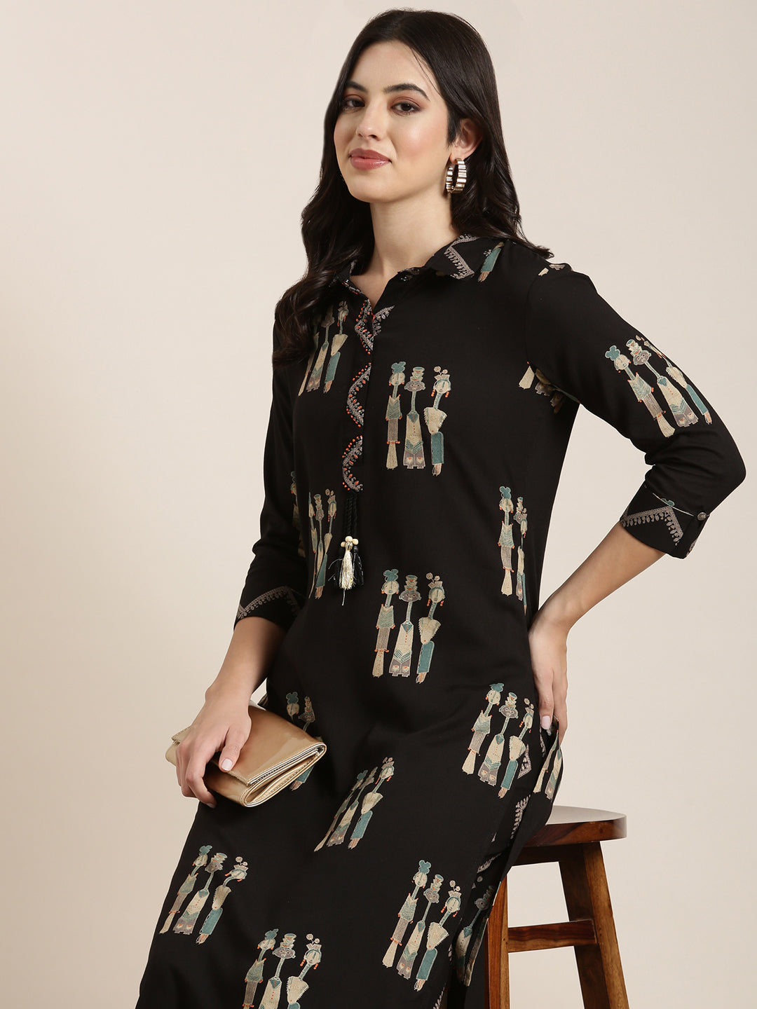 Women's Straight Black Tribal Kurta and Patiala Set