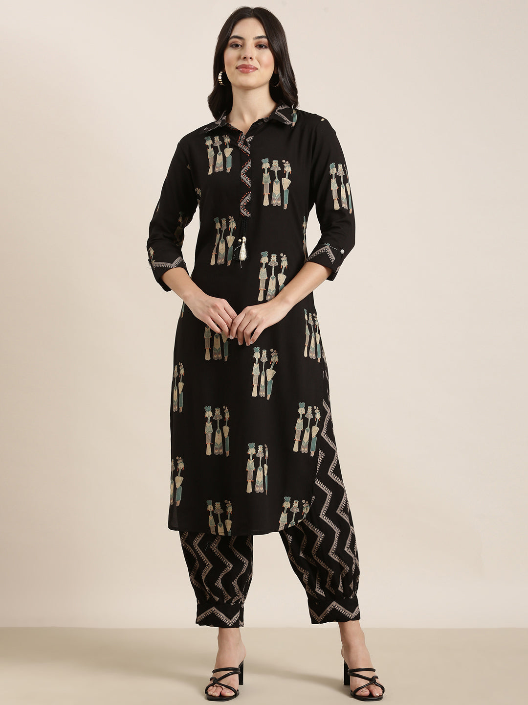 Women's Straight Black Tribal Kurta and Patiala Set