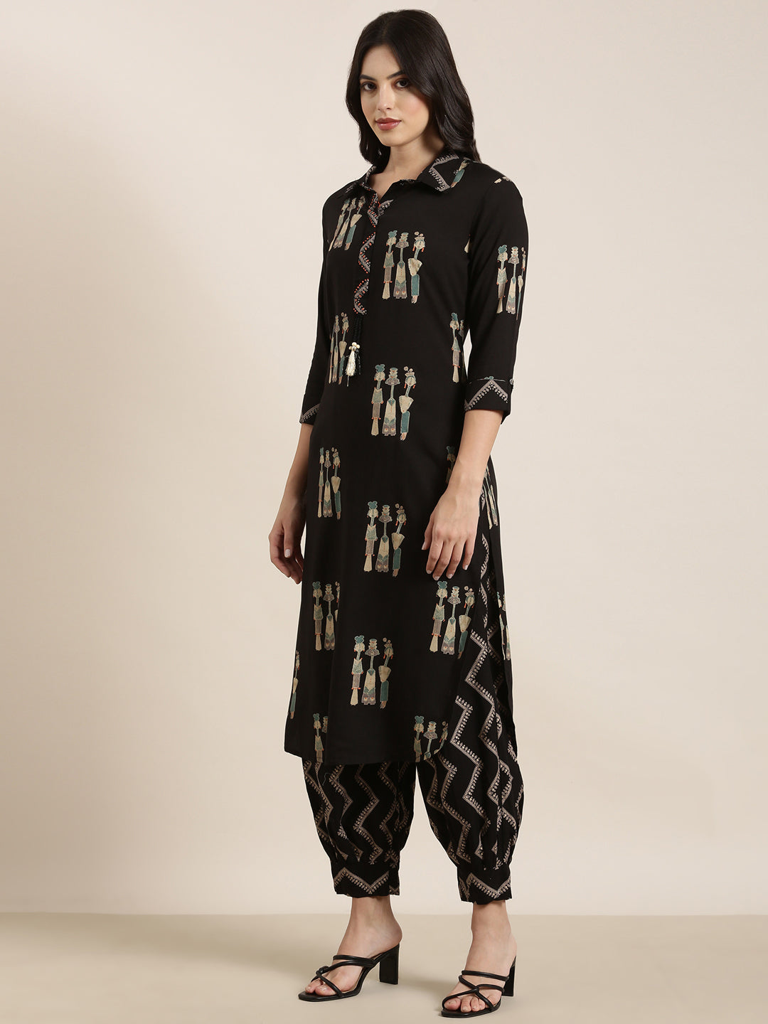 Women's Straight Black Tribal Kurta and Patiala Set