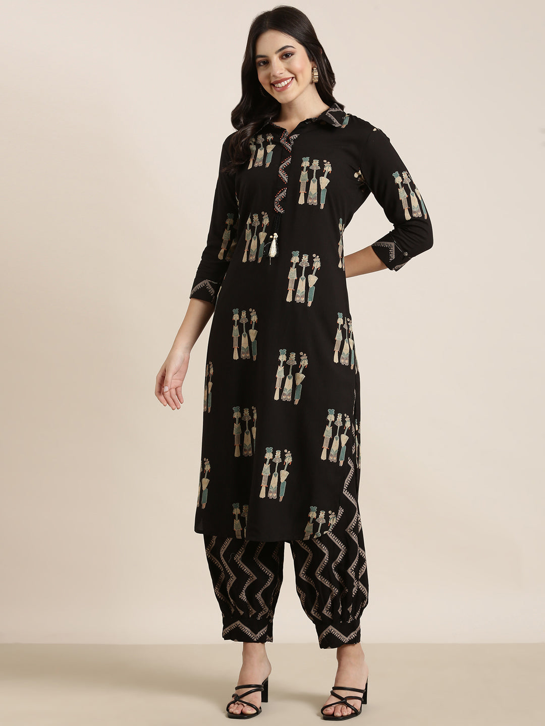 Women's Straight Black Tribal Kurta and Patiala Set