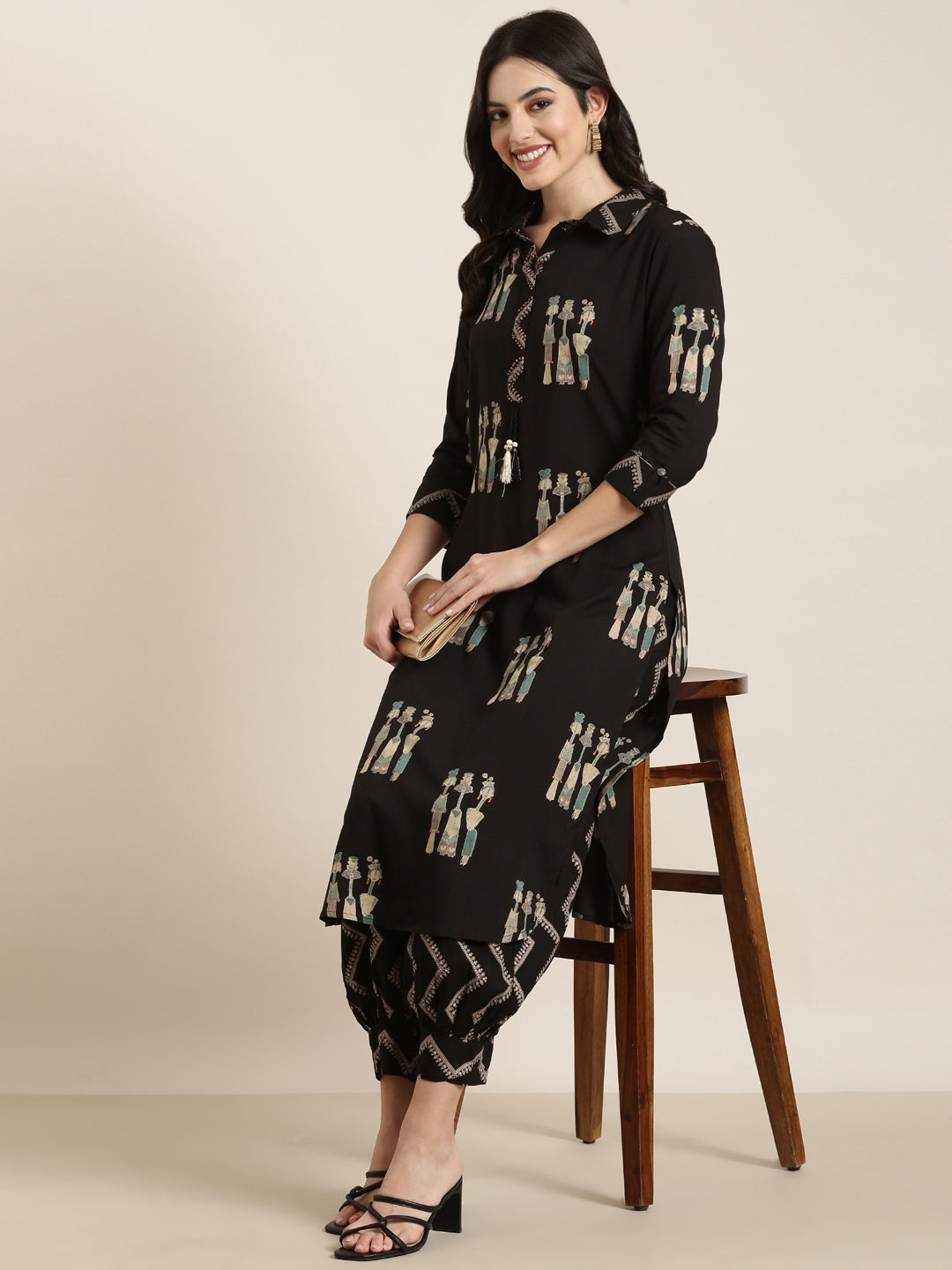 Women's Straight Black Tribal Kurta and Patiala Set