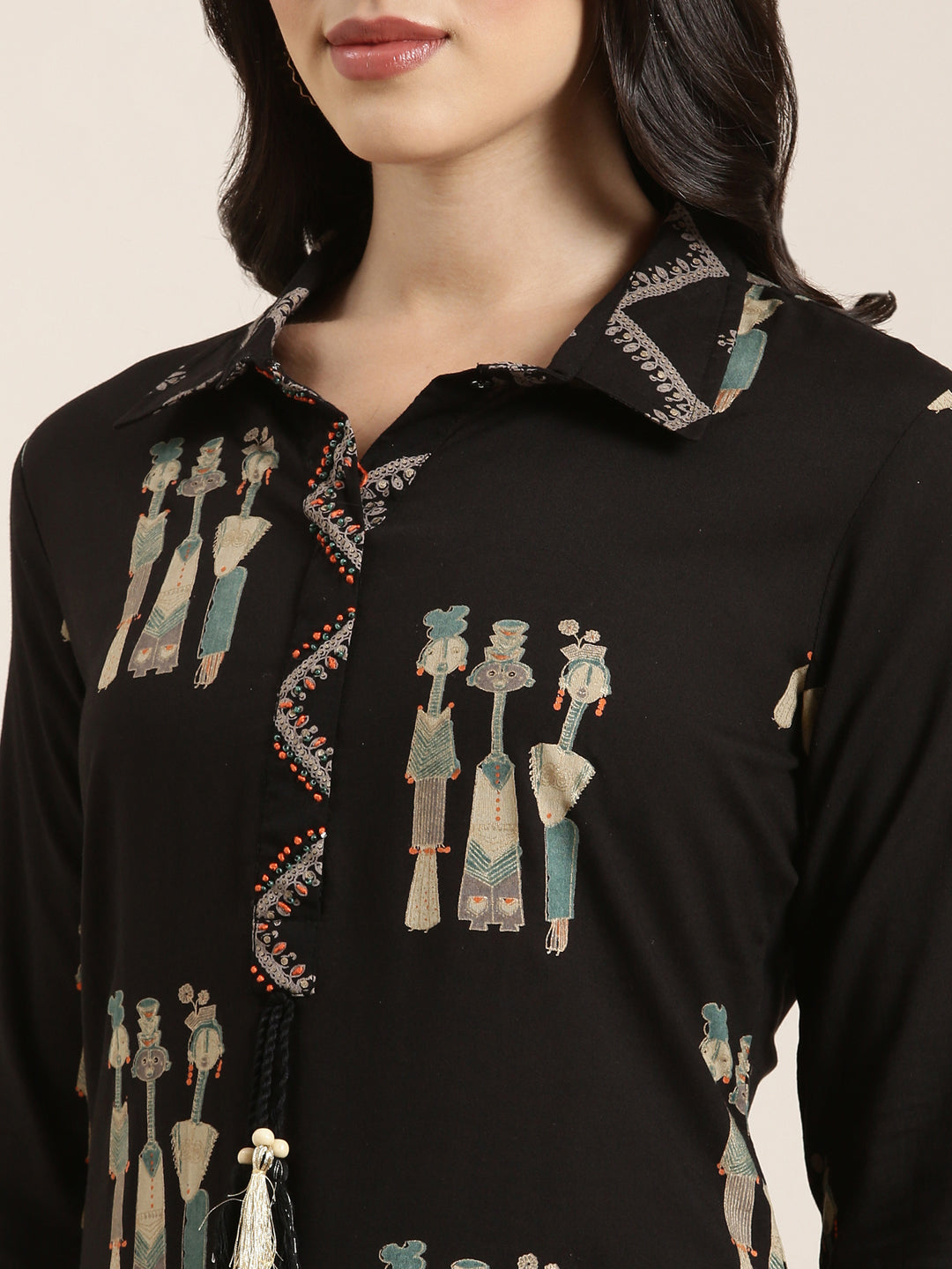 Women's Straight Black Tribal Kurta and Patiala Set