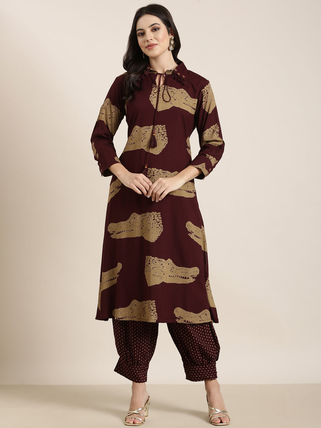 Women Straight Purple Animal Kurta and Patiala Set