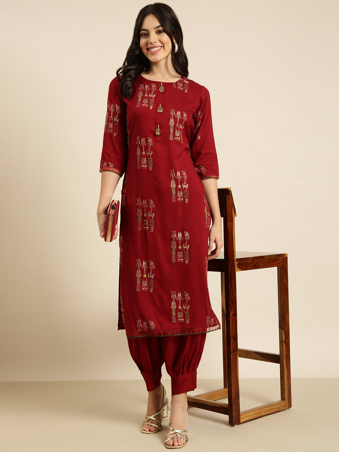 Women Straight Maroon Tribal Kurta and Patiala Set