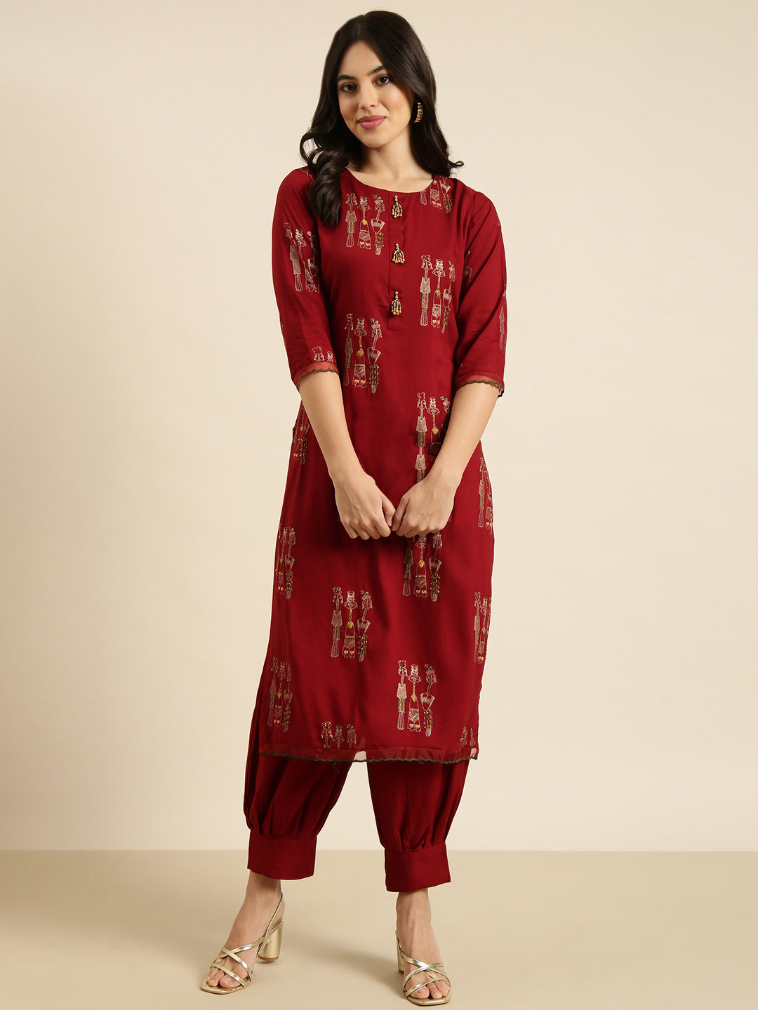 Women Straight Maroon Tribal Kurta and Patiala Set