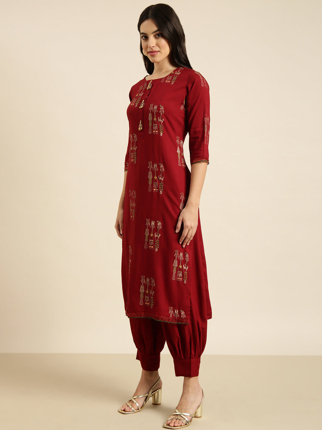 Women Straight Maroon Tribal Kurta and Patiala Set